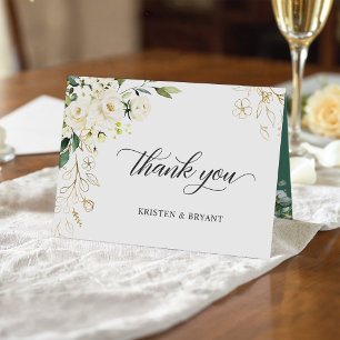 Carte De Remerciements Rose blanche de verdure or floral élégant chic