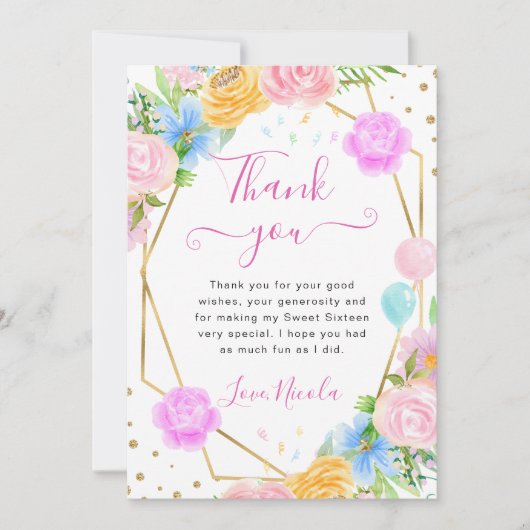 Carte De Remerciements Rose Bleu Fleurs Jaunes Or Frame Sweet 16 (Devant)