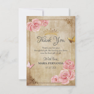 Carte De Remerciements Rose Bleu rose papillon Couronne or Quinceanera