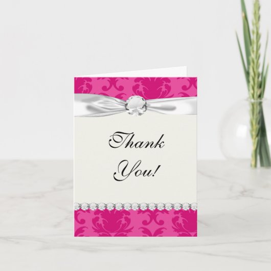 Carte De Remerciements rose chaud sur rose chic damask motif (Devant)