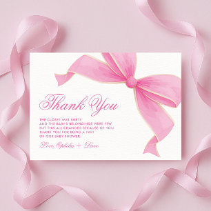Carte De Remerciements Rose Cottagecore Bébé Fille avec Ruban Rose Coquet