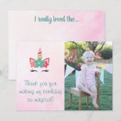 Carte de remerciements rose de photo de licorne (Devant / Derrière)