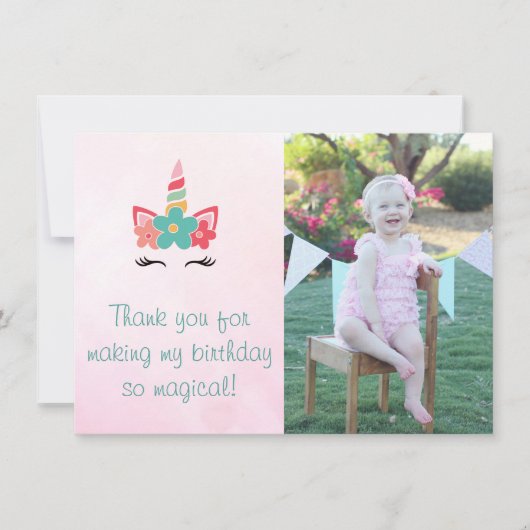 Carte de remerciements rose de photo de licorne (Devant)