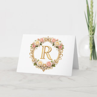 Carte De Remerciements Rose Doré avec Fleurs et Monogramme Lettre R Maria