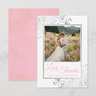 Carte De Remerciements Rose et argent sur blanc Mariage Remerciements