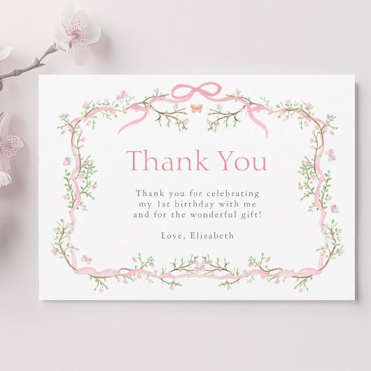 Carte De Remerciements Rose et Vert Jardin de Printemps 1er Anniversaire