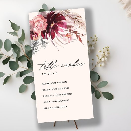 Carte De Remerciements Rose Flora Pampas Grass Sein Tableau Numéro de tab