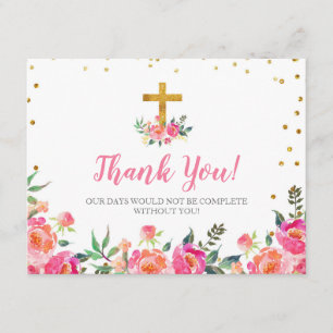 Carte de remerciements rose floral chic d'or