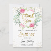 Carte De Remerciements Rose Floral Vert Or Script Sweet 16 Anniversaire (Devant)