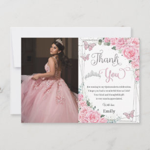 Carte De Remerciements Rose florale rose papillon Sweet 16 Quinceañera 