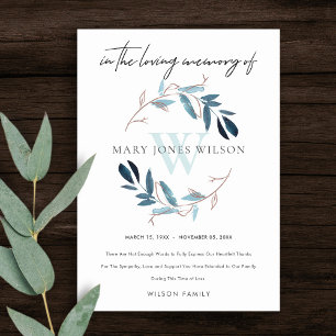 CARTE DE REMERCIEMENTS ROSE GOLD BLUE FOLIAGE WREATH SYMPATHIE MÉMORIAL