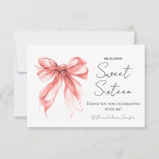 Carte De Remerciements Rose Gold Bow Coquette Script Sweet 16 Thank You  (Devant)