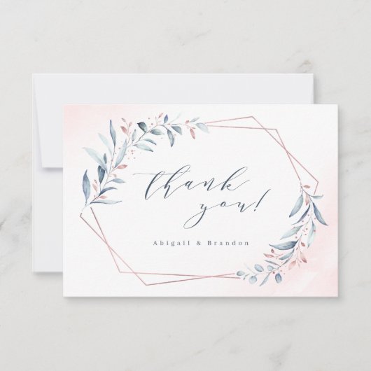 Carte De Remerciements Rose Gold Dusty Blue Greenery Mariage géométrique (Devant)