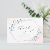 Carte De Remerciements Rose Gold Dusty Blue Greenery Mariage géométrique (Debout devant)