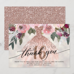 Carte De Remerciements Rose Gold Floral Sweet 16 Mercis