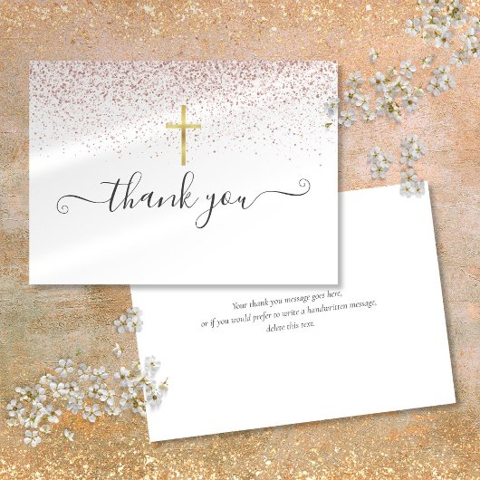 Carte De Remerciements Rose Gold Pailleté Croix Script