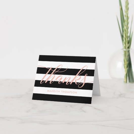 Carte De Remerciements Rose Gold Script Mariage Rayures Noires et Blanche (Devant)