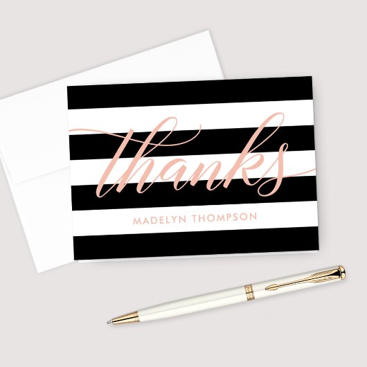 Carte De Remerciements Rose Gold Script Mariage Rayures Noires et Blanche