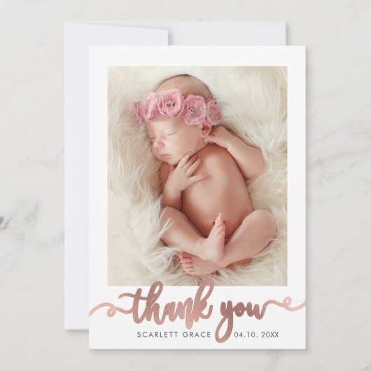 Carte De Remerciements Rose Gold Script Modern Overlay texte Baby Photo (Devant)