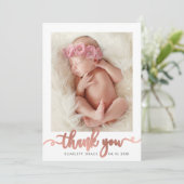 Carte De Remerciements Rose Gold Script Modern Overlay texte Baby Photo (Debout devant)