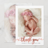 Carte De Remerciements Rose Gold Script Modern Overlay texte Baby Photo (Devant / Derrière)