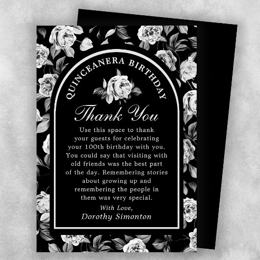 Carte De Remerciements Rose noir blanc Arc Floral Quinceanera