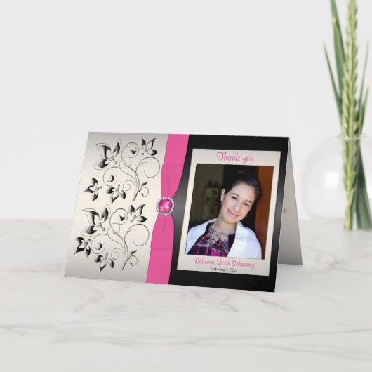 Carte de remerciements rose, noir et argent avec p (Devant)