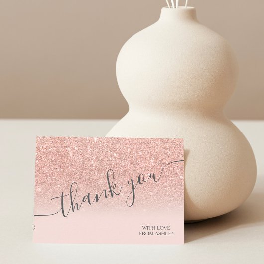 Carte De Remerciements Rose or faux parties scintillant rose ombre script