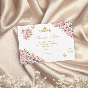 Carte De Remerciements Rose Pâle Floral Papillons Dorés Quinceañera