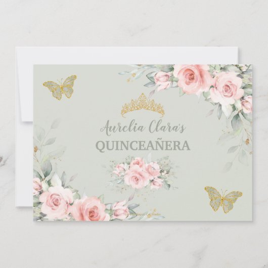 Carte De Remerciements Rose Pâle Floral Vert Sauge Photo de Quinceañera (Dos)