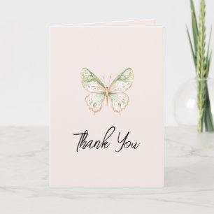 Carte De Remerciements Rose Pâle Vert Menthe Or Papillon Amour