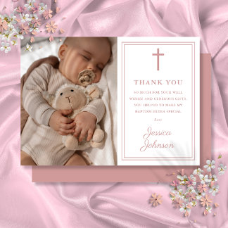 Carte De Remerciements Rose Poussiéreux Moderne Photo Baptême Christening