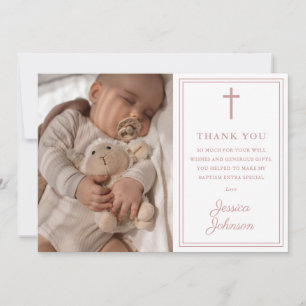 Carte De Remerciements Rose Poussiéreux Rose Moderne Photo Baptême Christ