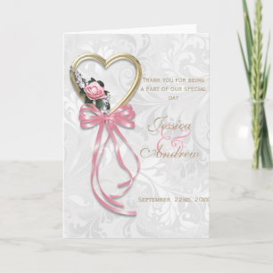 Carte De Remerciements Rose Romantique, Cœur d'Or et Ruban Rose