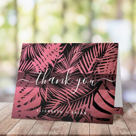 Carte De Remerciements Rose rose feuille de palme tropicale nom du motif