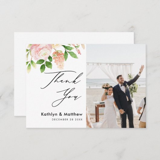 Carte De Remerciements Rose Rose vert Élégant Script Mariage photo (Devant / Derrière)