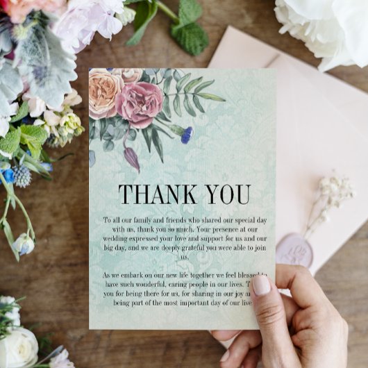 Carte De Remerciements Rose rustique Boho Green Floral Mariage