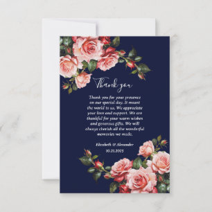 Carte De Remerciements Rose sombre et rouge roses bleu marine mariage