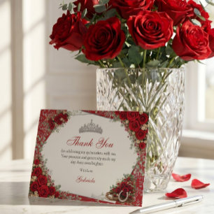 Carte De Remerciements Roses aquarelle rouges et argent Quinceañera