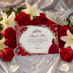 Carte De Remerciements Roses aquarelle rouges et argent Quinceañera