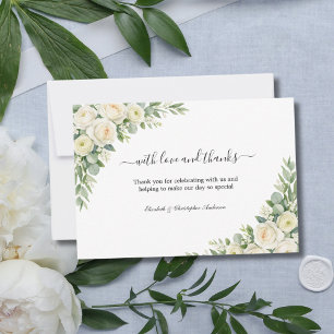 Carte De Remerciements Roses blanches crème Floral Greenery Mariage