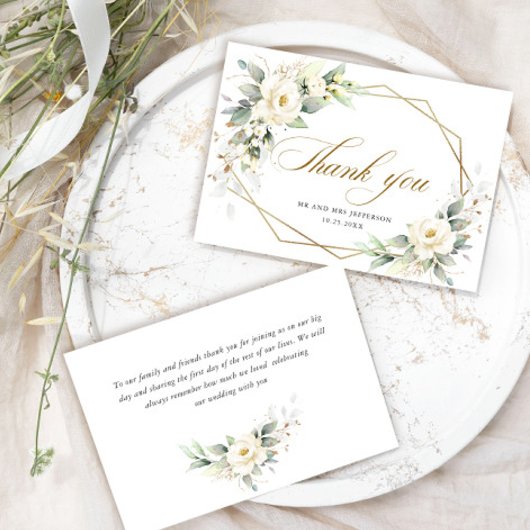 Carte De Remerciements Roses blanches élégantes Eucalyptus Mariage Remerc