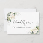 Carte De Remerciements Roses blanches Fête des mariées florale plat (Devant)