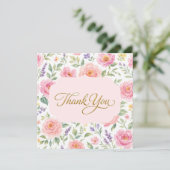 Carte De Remerciements  Roses Botaniques Rose Pink Script Or  (Debout devant)