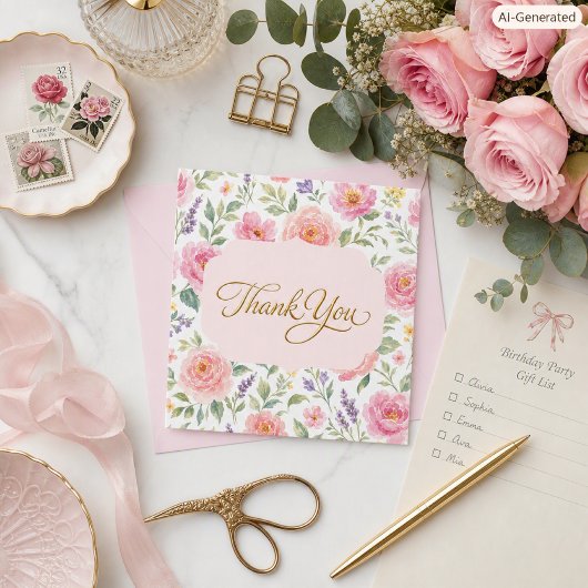 Carte De Remerciements  Roses Botaniques Rose Pink Script Or 