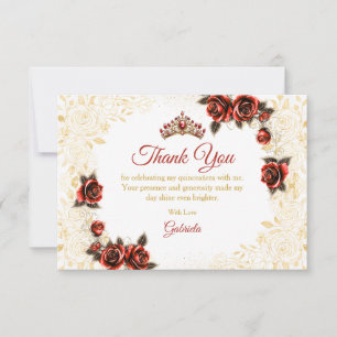 Carte De Remerciements Roses Couronne Dorée de Quinceañera Rouge