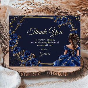 Carte De Remerciements Roses de Quinceañera Couronne de Tiara Dorée Bleu