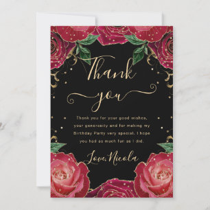 Carte De Remerciements Roses Fleuris Rouge et Or Anniversaire