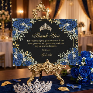 Carte De Remerciements Roses Noires et Bleu Royal Quinceañera Dorée