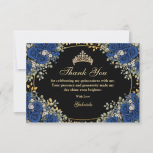 Carte De Remerciements Roses Noires et Bleu Royal Quinceañera Dorée